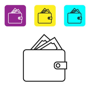 Beyaz arka planda izole yığılmış kağıt para nakit simgesi ile Siyah hat Cüzdan. Çanta simgesi. Nakit tasarruf sembolü. Simgeleri renkli kare düğmeleri ayarlayın. Vektör İllüstrasyonu