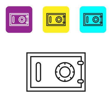 Beyaz arka planda yalıtılmış siyah çizgi Güvenli simgesi. Kapı kasası, kombine kilidi olan bir banka kasası. Güvenilir veri koruması. Simgeleri renkli kare düğmeleri ayarlayın. Vektör İllüstrasyonu