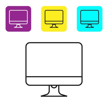 Siyah çizgi Bilgisayar monitör ekran simgesi beyaz arka plan üzerinde izole. Elektronik cihaz. Ön görüş. Simgeleri renkli kare düğmeleri ayarlayın. Vektör İllüstrasyonu