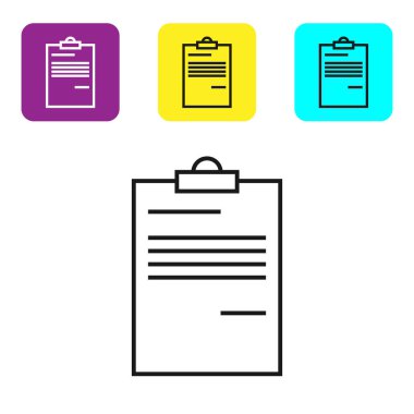 Beyaz arka planda yalıtılmış siyah çizgi Belge simgesi. Dosya simgesi. Denetim listesi simgesi. İş konsepti. Simgeleri renkli kare düğmeleri ayarlayın. Vektör İllüstrasyonu