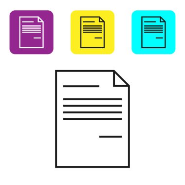 Beyaz arka planda yalıtılmış siyah çizgi Belge simgesi. Dosya simgesi. Denetim listesi simgesi. İş konsepti. Simgeleri renkli kare düğmeleri ayarlayın. Vektör İllüstrasyonu