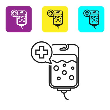 Siyah hat Iv çanta simgesi beyaz arka plan üzerinde izole. Kan torbası simgesi. Bağış kan kavramı. Tedavi ve tedavi kavramı, kemoterapi. Simgeleri renkli kare düğmeleri ayarlayın. Vektör İllüstrasyonu