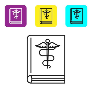 Siyah çizgi Tıp kitap simgesi beyaz arka plan üzerinde izole. Simgeleri renkli kare düğmeleri ayarlayın. Vektör İllüstrasyonu