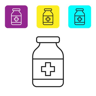 Siyah çizgi Tıp şişe simgesi beyaz arka plan üzerinde izole. Şişe hapı işareti. Eczane tasarımı. Simgeleri renkli kare düğmeleri ayarlayın. Vektör İllüstrasyonu