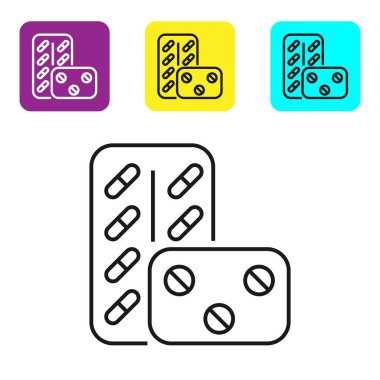 Beyaz arka planda izole blister paketi simgesi siyah çizgi Pills. Tablet vitamini, antibiyotik, aspirin için tıbbi ilaç paketi. Simgeleri renkli kare düğmeleri ayarlayın. Vektör İllüstrasyonu