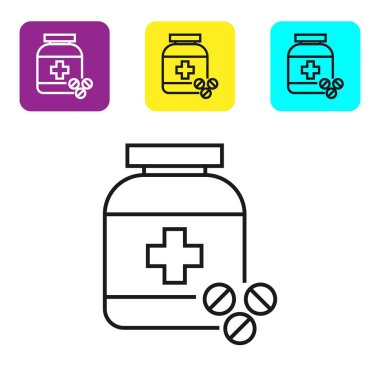 Siyah çizgi Tıp şişe ve hap simgesi beyaz arka plan üzerinde izole. Şişe hapı işareti. Eczane tasarımı. Simgeleri renkli kare düğmeleri ayarlayın. Vektör İllüstrasyonu