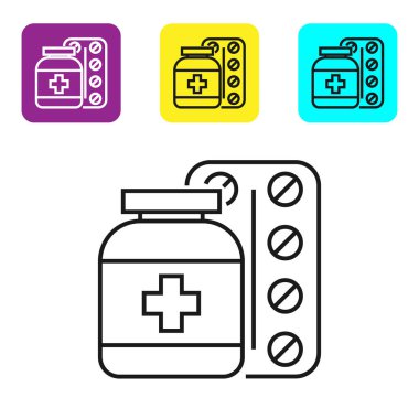 Siyah çizgi Tıp şişe ve hap simgesi beyaz arka plan üzerinde izole. Şişe hapı işareti. Eczane tasarımı. Simgeleri renkli kare düğmeleri ayarlayın. Vektör İllüstrasyonu