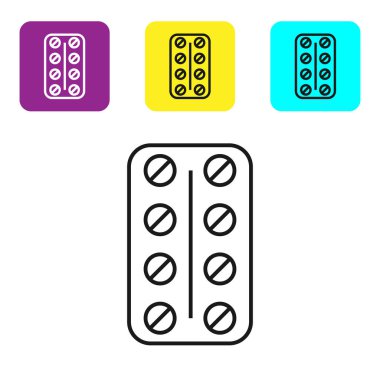 Beyaz arka planda izole blister paketi simgesi siyah çizgi Pills. Tablet vitamini, antibiyotik, aspirin için tıbbi ilaç paketi. Simgeleri renkli kare düğmeleri ayarlayın. Vektör İllüstrasyonu