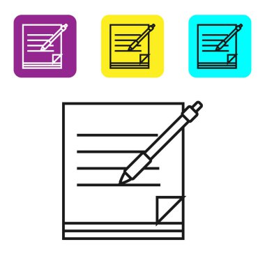 Siyah çizgi Boş dizüstü bilgisayar ve kalem simgesi beyaz arka planda yalıtılmış. Kağıt ve kalem. Simgeleri renkli kare düğmeleri ayarlayın. Vektör İllüstrasyonu