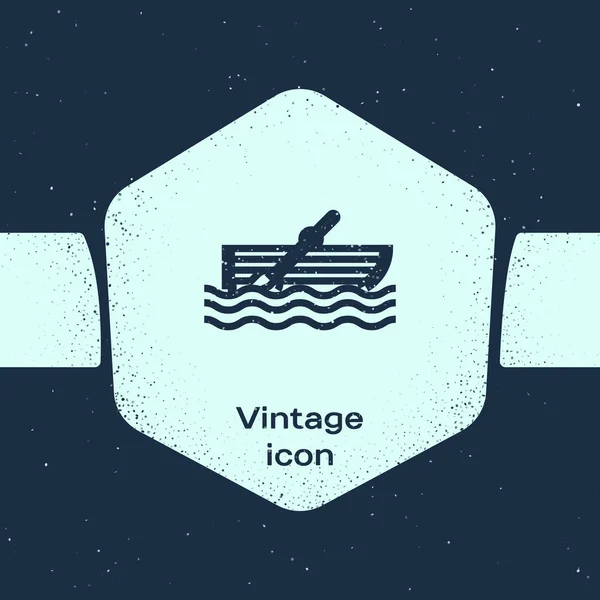 Linia grunge łódź rybacka z wiosła na ikonie wody izolowane na niebieskim tle. Monochromatyczny Vintage rysunek. Ilustracja wektorowa — Wektor stockowy