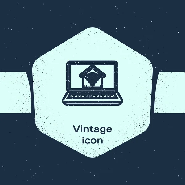 Línea Grunge Laptop con hogar inteligente con icono wi-fi aislado sobre fondo azul. Control remoto. Dibujo vintage monocromo. Ilustración vectorial — Archivo Imágenes Vectoriales