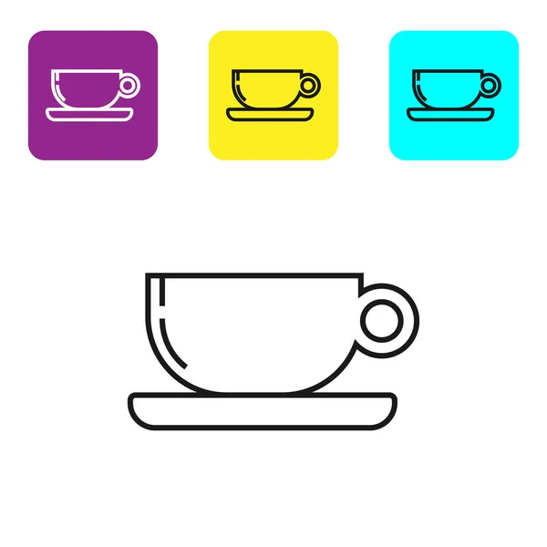 Linea nera Tazza da caffè icona piatta isolata su sfondo bianco. Una tazza di tè. Caffè caldo. Set icone colorate pulsanti quadrati. Illustrazione vettoriale — Vettoriale Stock