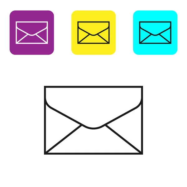 Zwarte lijn envelop pictogram geïsoleerd op witte achtergrond. E-mail bericht letter symbool. Pictogrammen instellen kleurrijke vierkante knoppen. Vector illustratie — Stockvector