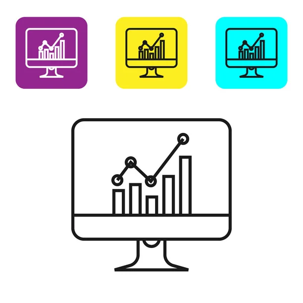 Computermonitor mit schwarzer Linie und Diagrammdiagrammsymbol isoliert auf weißem Hintergrund. Textdatei-Symbol melden. Buchhaltungszeichen. Prüfung, Analyse, Planung. setzen Symbole bunte quadratische Taste. Vektorillustration — Stockvektor