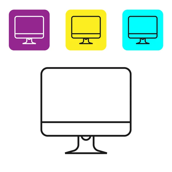 Schwarze Linie Computerbildschirm Symbol isoliert auf weißem Hintergrund. Elektronikgerät. Frontansicht. setzen Symbole bunte quadratische Tasten. Vektorillustration — Stockvektor