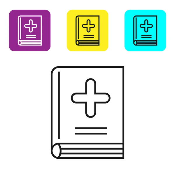 Línea negra Icono del libro médico aislado sobre fondo blanco. Establecer iconos coloridos botones cuadrados. Ilustración vectorial — Vector de stock