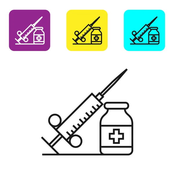 Svart linje medicinsk spruta med nål och injektionsflaska eller ampull ikon isolerad på vit bakgrund. Vaccination, injektion, vaccin, insulin koncept. Ange ikoner färgglada fyrkantiga knappar. Vektor illustration — Stock vektor