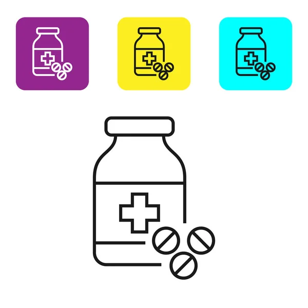 黑线药瓶和药片图标隔离在白色背景上。瓶丸标志。药房设计。设置图标彩色方形按钮。矢量插图 — 图库矢量图片