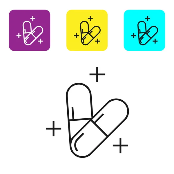 Schwarze Linie Medikamentenpille oder Tablette Symbol isoliert auf weißem Hintergrund. Kapselpille und Medikamentenzeichen. Apothekendesign. setzen Symbole bunte quadratische Tasten. Vektorillustration — Stockvektor