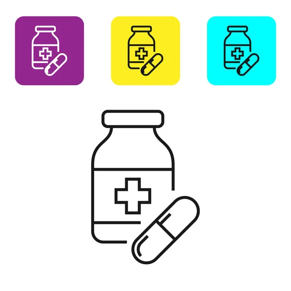 Fekete vonal Medicine üveg és tabletták ikon izolált fehér háttér. Palack tabletta jele. Gyógyszertári tervezés. Készlet ikonok színes szögletes gombok. Vektoros illusztráció — Stock Vector