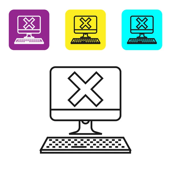 Black line Computer with keyboard and x mark icon on white background. Error window, exit button, cancel, 404 error page not found concept. Set icons colorful square buttons. Vector Illustration