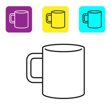 Siyah çizgi Kahve fincan düz simgesi beyaz arka plan üzerinde izole. Çay bardağı. Sıcak içecek kahve. Simgeleri renkli kare düğmeleri ayarlayın. Vektör İllüstrasyonu