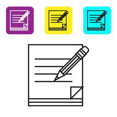 Siyah çizgi Boş defter ve beyaz arka plan üzerinde izole silgi simgesi ile kalem. Kağıt ve kalem. Simgeleri renkli kare düğmeleri ayarlayın. Vektör İllüstrasyonu