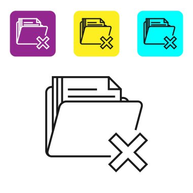 Siyah satır Beyaz arka planda yalıtılmış klasör simgesini silin. Geri dönüşüm kutusu ile klasör. Silme veya hata klasörü. Bilgisayar bilgileri klasörünü kapatın. Simgeleri renkli kare düğmeleri ayarlayın. Vektör İllüstrasyonu