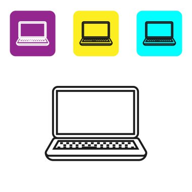 Beyaz arka planda yalıtılmış siyah çizgi Laptop simgesi. Boş ekran işareti olan bilgisayar not defteri. Simgeleri renkli kare düğmeleri ayarlayın. Vektör İllüstrasyonu