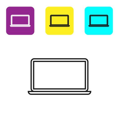 Beyaz arka planda yalıtılmış siyah çizgi Laptop simgesi. Boş ekran işareti olan bilgisayar not defteri. Simgeleri renkli kare düğmeleri ayarlayın. Vektör İllüstrasyonu
