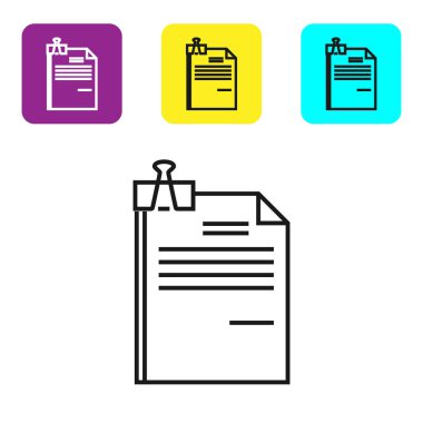 Siyah satır Dosya belgesi ve beyaz arka planda yalıtılmış bağlayıcı klip simgesi. Denetim listesi simgesi. İş konsepti. Simgeleri renkli kare düğmeleri ayarlayın. Vektör İllüstrasyonu