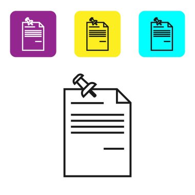 Beyaz arka planda yalıtılmış sabitlenmiş düğme simgesine sahip siyah satır Not kağıdı. Not kağıdı tabelası. Simgeleri renkli kare düğmeleri ayarlayın. Vektör İllüstrasyonu