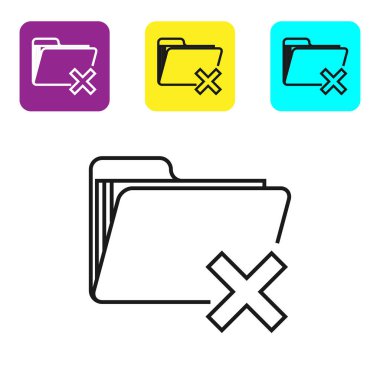 Siyah satır Beyaz arka planda yalıtılmış klasör simgesini silin. Geri dönüşüm kutusu ile klasör. Silme veya hata klasörü. Bilgisayar bilgileri klasörünü kapatın. Simgeleri renkli kare düğmeleri ayarlayın. Vektör İllüstrasyonu