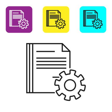 Beyaz arka planda yalıtılmış dişlisimgesine sahip siyah çizgi Belge ayarları. Yazılım güncellemesi, transfer protokolü, takım çalışması araç yönetimi. Simgeleri renkli kare düğmeleri ayarlayın. Vektör İllüstrasyonu