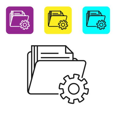 Beyaz arka planda yalıtılmış dişlisimgesine sahip siyah çizgi Klasör ayarları. Yazılım güncellemesi, transfer protokolü, takım çalışması araç yönetimi. Simgeleri renkli kare düğmeleri ayarlayın. Vektör İllüstrasyonu