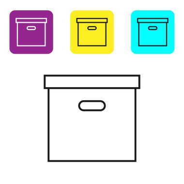 Beyaz arka plan üzerinde siyah çizgi Karton karton kutu simgesi. Kutu, paket, paket tabelası. Teslimat ve paketleme. Nakliye ve nakliye. Simgeleri renkli kare düğmeleri ayarlayın. Vektör İllüstrasyonu