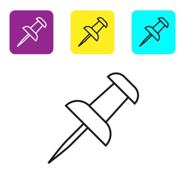 Beyaz arka planda yalıtılmış siyah çizgi Push pin simgesi. Raptiyeler işareti. Simgeleri renkli kare düğmeleri ayarlayın. Vektör İllüstrasyonu