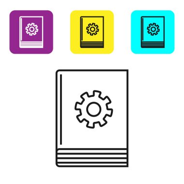 Siyah çizgi Beyaz arka planda yalıtılmış kullanım kılavuzu simgesi. Kullanım kılavuzu kitabı. Talimat işareti. Kullanmadan önce okuyun. Simgeleri renkli kare düğmeleri ayarlayın. Vektör İllüstrasyonu