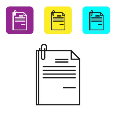 Siyah satır Dosya belgesi ve beyaz arka planda yalıtılmış ataş simgesi. Denetim listesi simgesi. İş konsepti. Simgeleri renkli kare düğmeleri ayarlayın. Vektör İllüstrasyonu