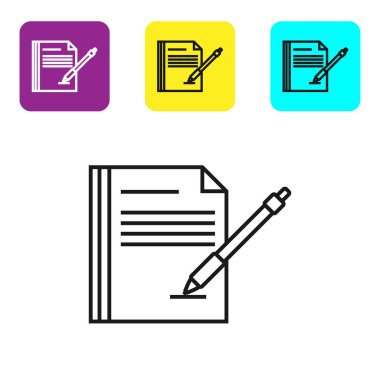 Siyah çizgi Boş dizüstü bilgisayar ve kalem simgesi beyaz arka planda yalıtılmış. Kağıt ve kalem. Simgeleri renkli kare düğmeleri ayarlayın. Vektör İllüstrasyonu