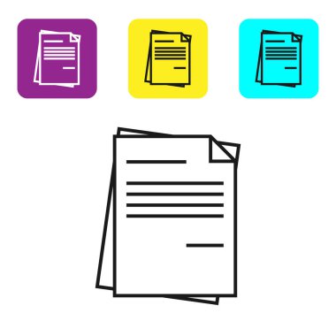 Beyaz arka planda yalıtılmış siyah satır Dosya belge simgesi. Denetim listesi simgesi. İş konsepti. Simgeleri renkli kare düğmeleri ayarlayın. Vektör İllüstrasyonu