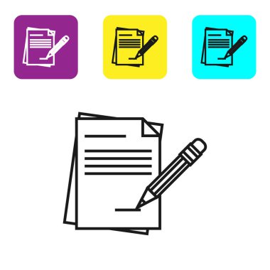 Siyah çizgi Boş defter ve beyaz arka plan üzerinde izole silgi simgesi ile kalem. Kağıt ve kalem. Simgeleri renkli kare düğmeleri ayarlayın. Vektör İllüstrasyonu