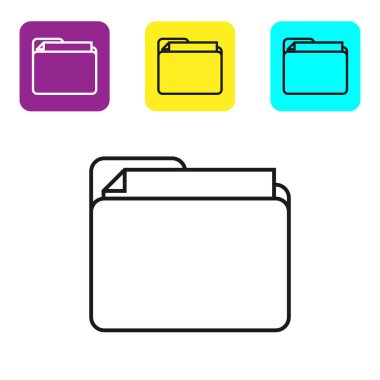 Beyaz arka planda yalıtılmış siyah çizgi Belge klasör simgesi. Muhasebe bağlayıcı sembolü. Muhasebe yönetimi. Simgeleri renkli kare düğmeleri ayarlayın. Vektör İllüstrasyonu