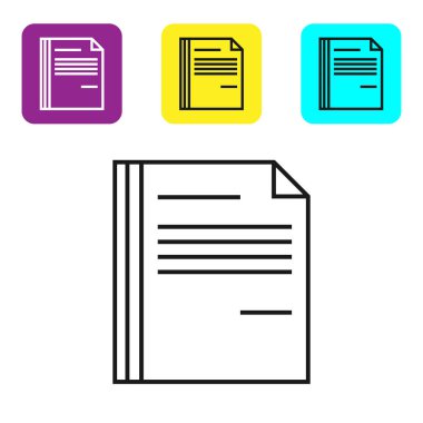 Beyaz arka planda yalıtılmış siyah satır Dosya belge simgesi. Denetim listesi simgesi. İş konsepti. Simgeleri renkli kare düğmeleri ayarlayın. Vektör İllüstrasyonu