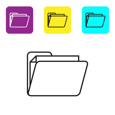 Beyaz arka planda yalıtılmış siyah çizgi Belge klasör simgesi. Muhasebe bağlayıcı sembolü. Muhasebe yönetimi. Simgeleri renkli kare düğmeleri ayarlayın. Vektör İllüstrasyonu