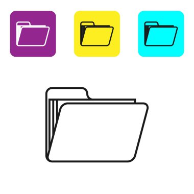 Beyaz arka planda yalıtılmış siyah çizgi Belge klasör simgesi. Muhasebe bağlayıcı sembolü. Muhasebe yönetimi. Simgeleri renkli kare düğmeleri ayarlayın. Vektör İllüstrasyonu