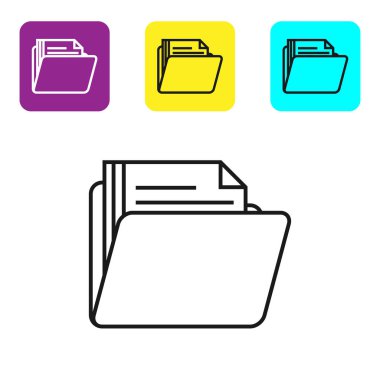 Beyaz arka planda yalıtılmış siyah çizgi Belge klasör simgesi. Muhasebe bağlayıcı sembolü. Muhasebe yönetimi. Simgeleri renkli kare düğmeleri ayarlayın. Vektör İllüstrasyonu