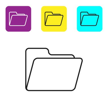 Beyaz arka planda yalıtılmış siyah çizgi Belge klasör simgesi. Muhasebe bağlayıcı sembolü. Muhasebe yönetimi. Simgeleri renkli kare düğmeleri ayarlayın. Vektör İllüstrasyonu