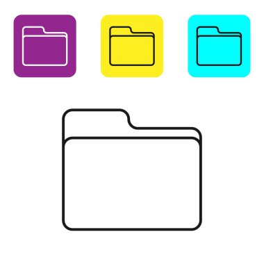 Beyaz arka planda yalıtılmış siyah çizgi Belge klasör simgesi. Muhasebe bağlayıcı sembolü. Muhasebe yönetimi. Simgeleri renkli kare düğmeleri ayarlayın. Vektör İllüstrasyonu