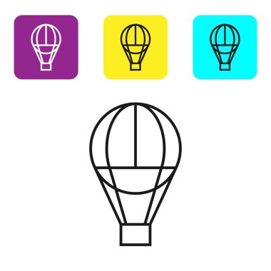 Siyah çizgi Sıcak hava balonu simgesi beyaz arka plan üzerinde izole. Seyahat için hava taşımacılığı. Simgeleri renkli kare düğmeleri ayarlayın. Vektör İllüstrasyonu